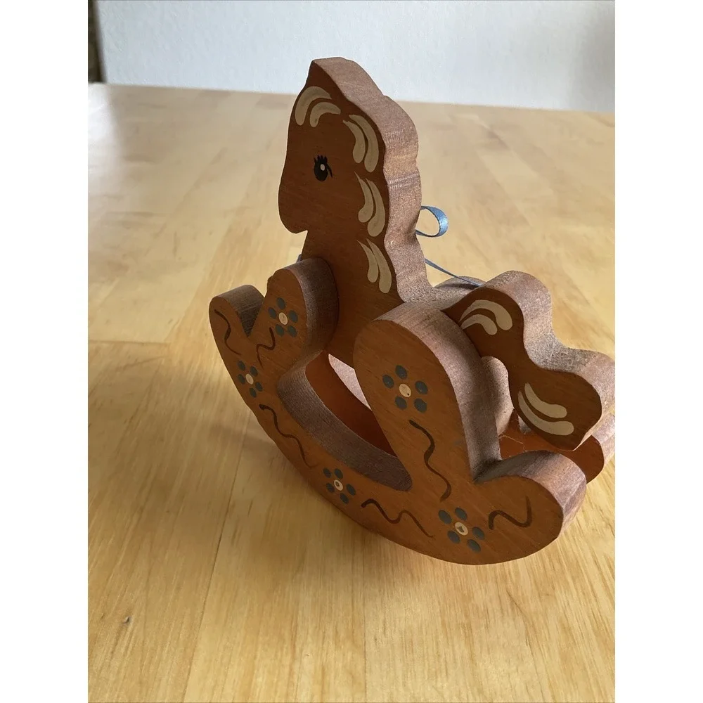 Folk Art Hand Painted Carved Small Wooden Rocking Horse Wall Shelve 90s Blue